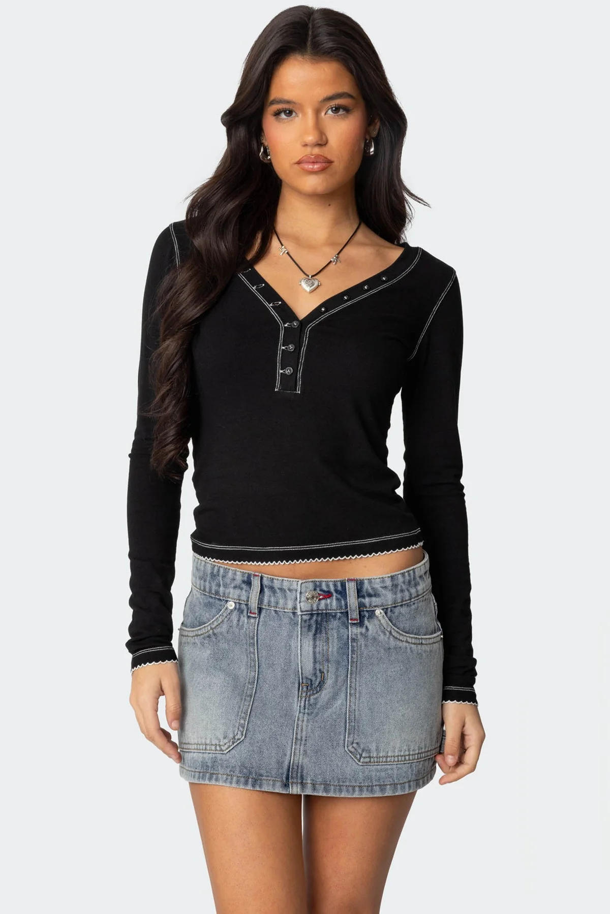 Yael Henley Top with Contrast Stitching in Black