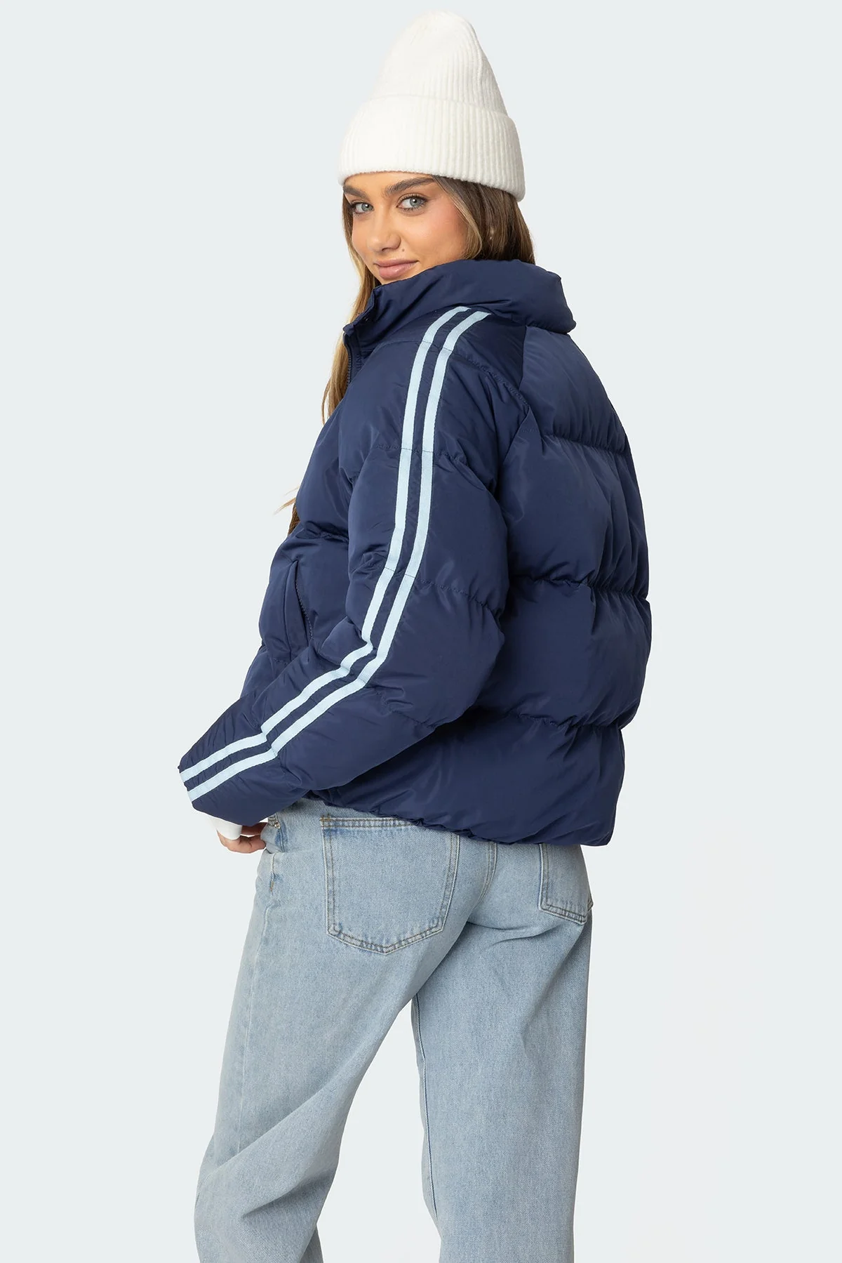 Navy Side Striped Puffer Jacket