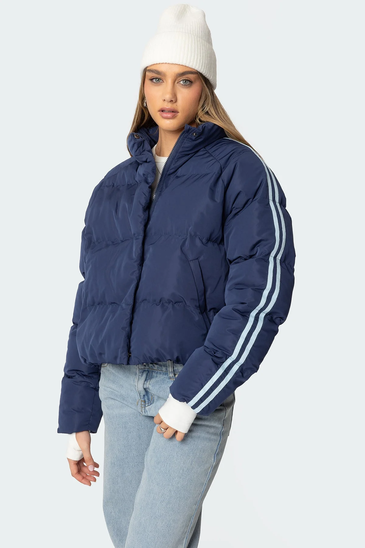 Navy Side Striped Puffer Jacket