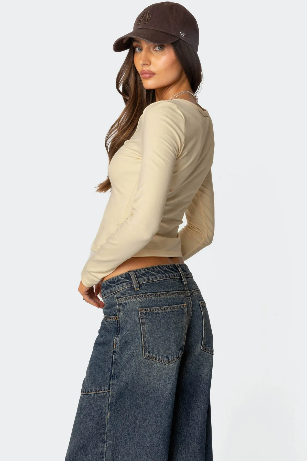 Yellow Henley Style Long Sleeve Top Womens Basic Cotton