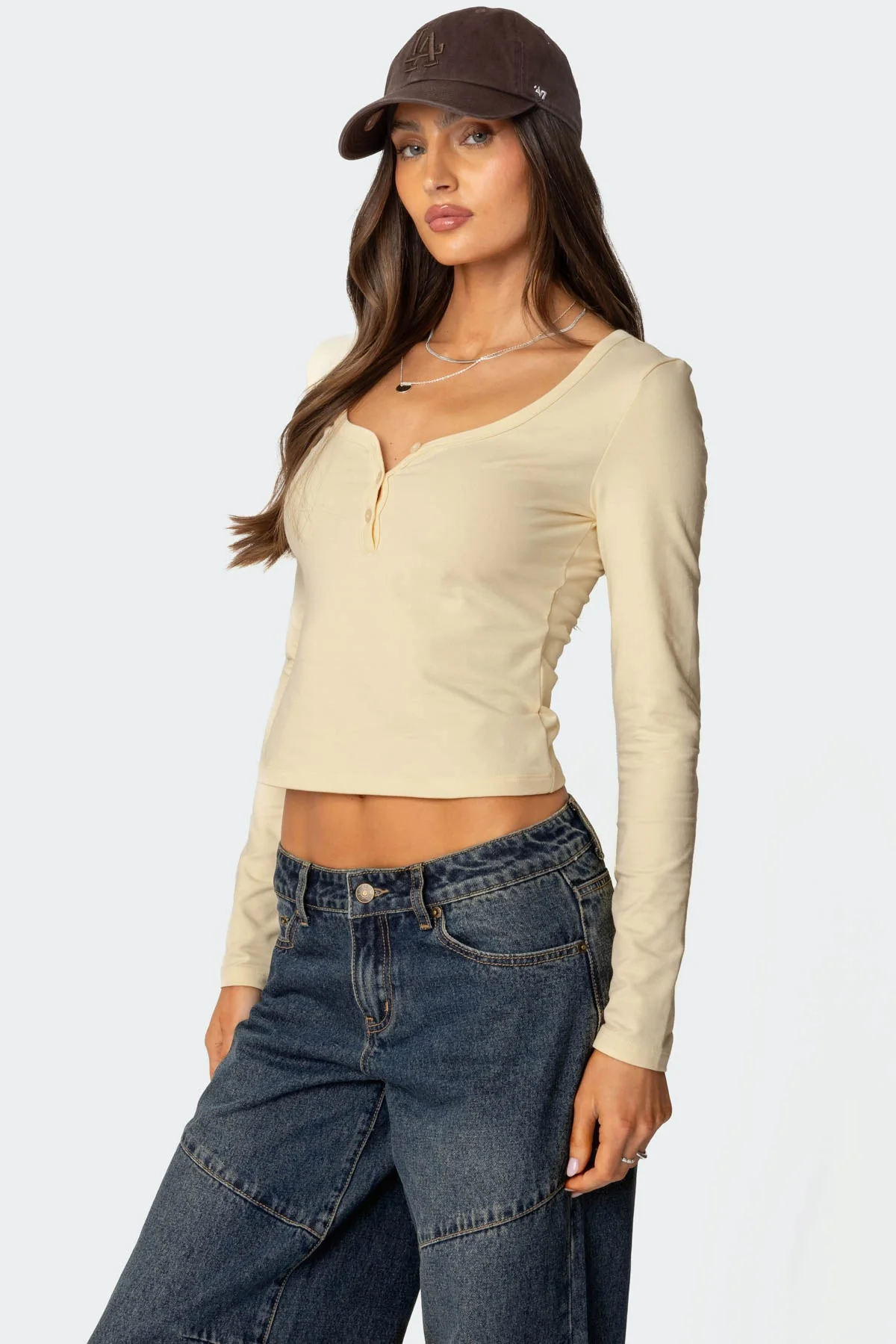 Yellow Henley Style Long Sleeve Top Womens Basic Cotton
