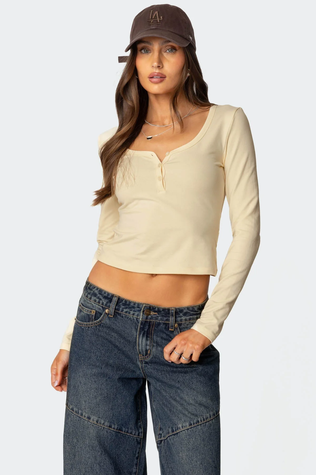 Yellow Henley Style Long Sleeve Top Womens Basic Cotton