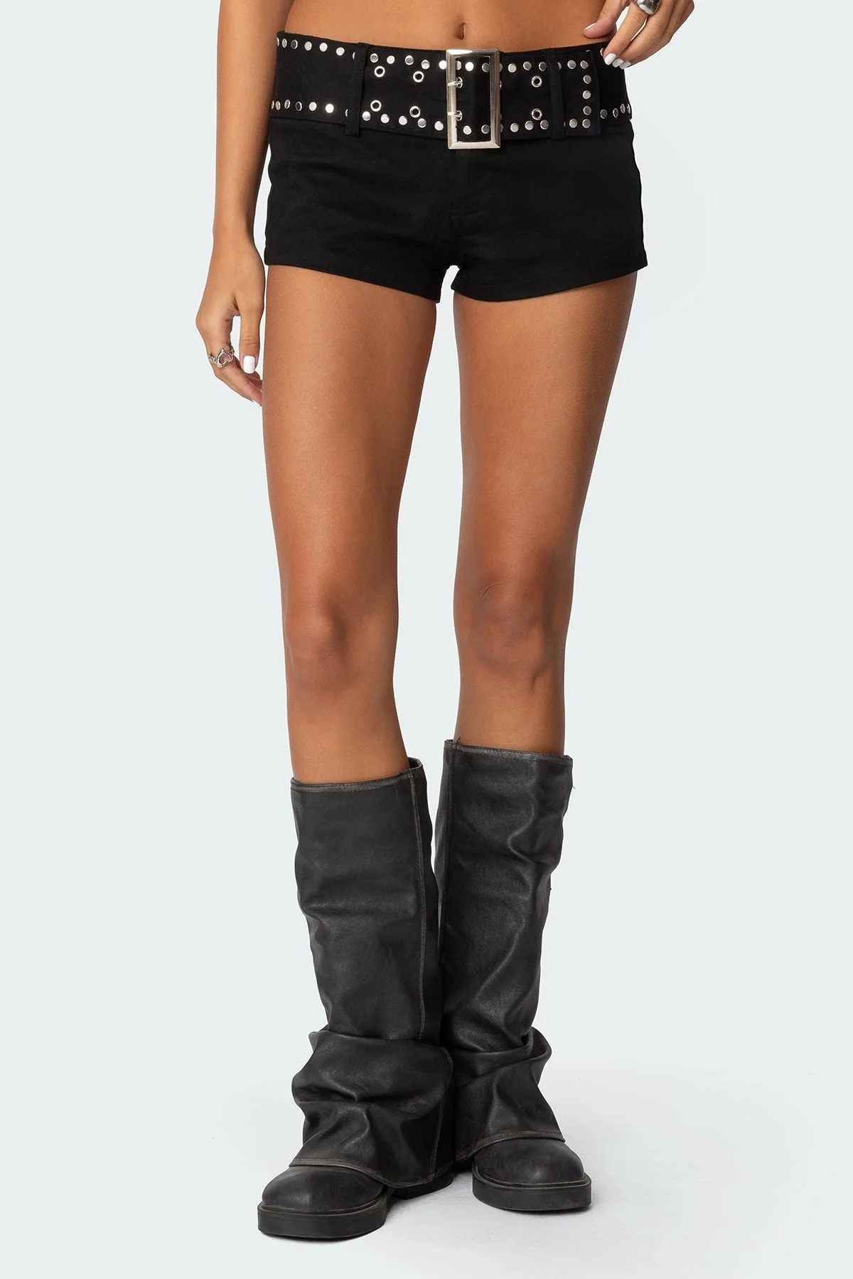 Black Studded Waist Denim Shorts