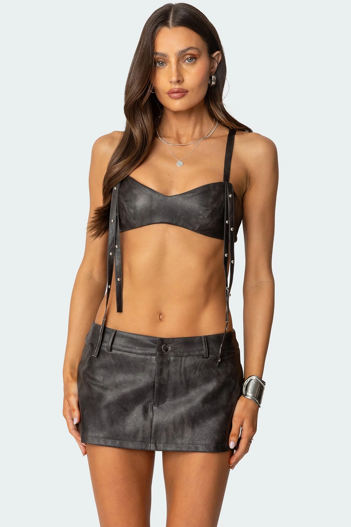 Brown Washed Faux Leather Crop Top
