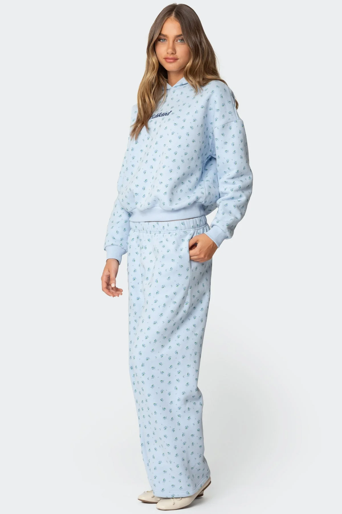 Blue Floral Print Hoodie Set