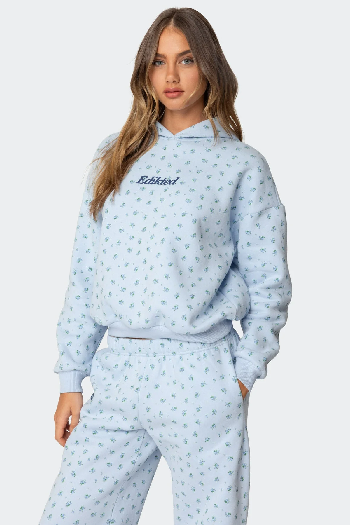 Blue Floral Print Hoodie Set