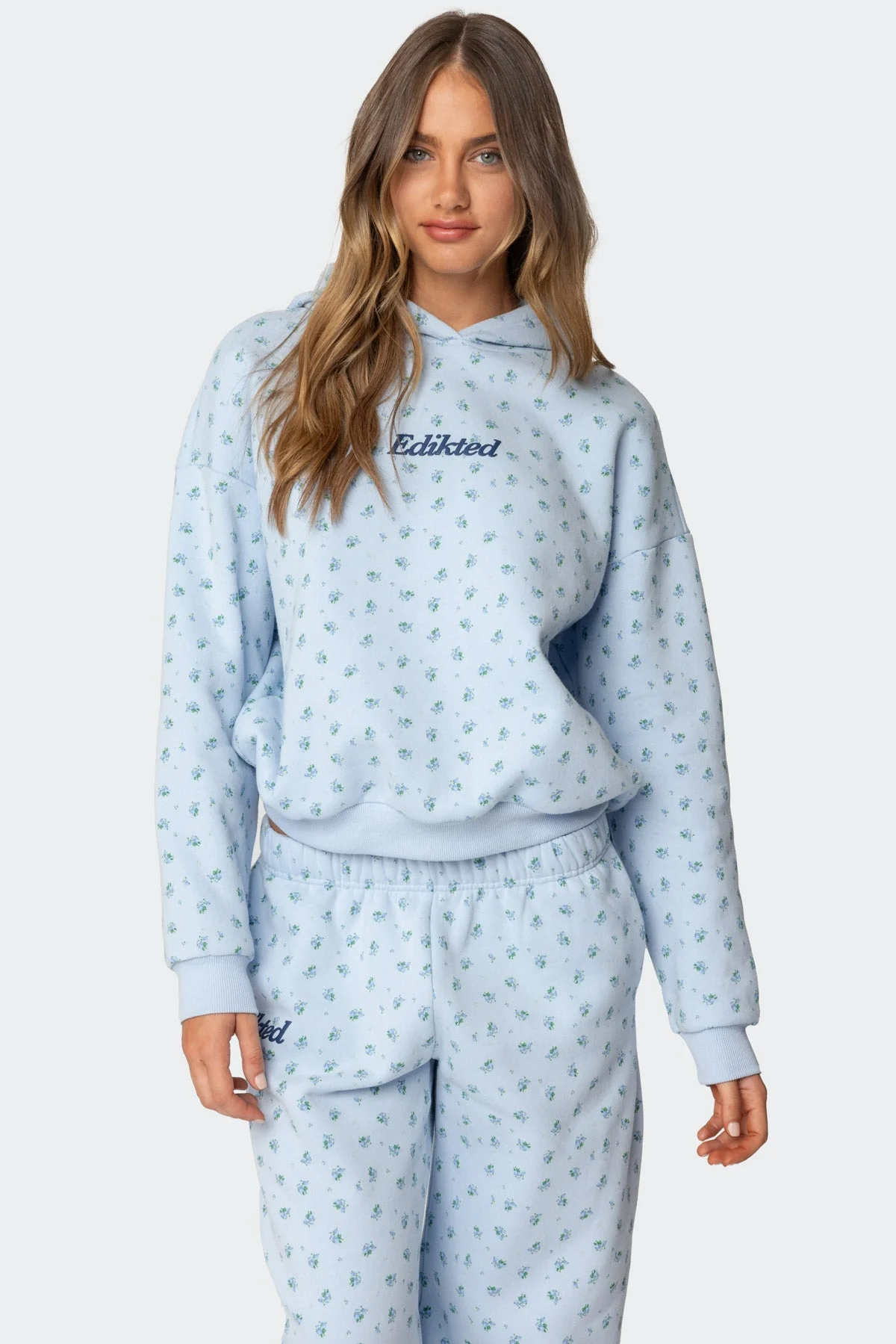 Blue Floral Print Hoodie Set