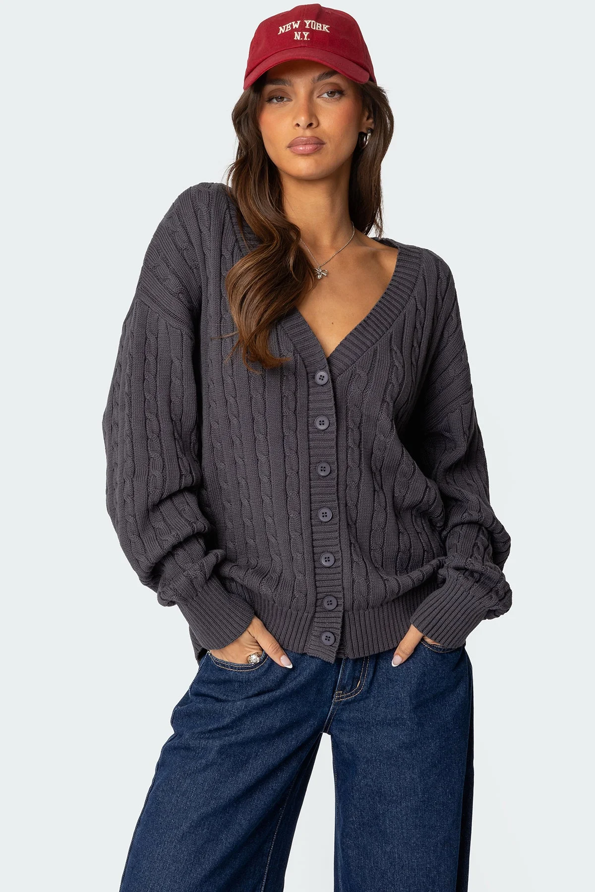 Oversized V Neck Dark Gray Cable Knit Cardigan