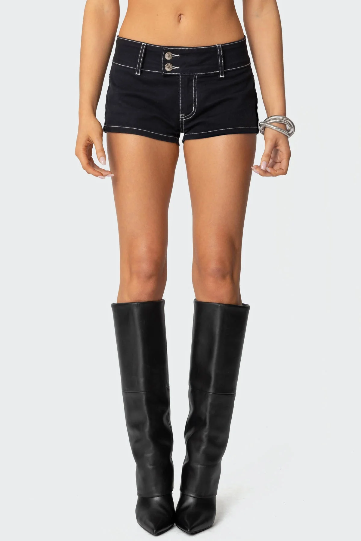 Black Modern Graphic Micro Shorts Womens Low Rise Style