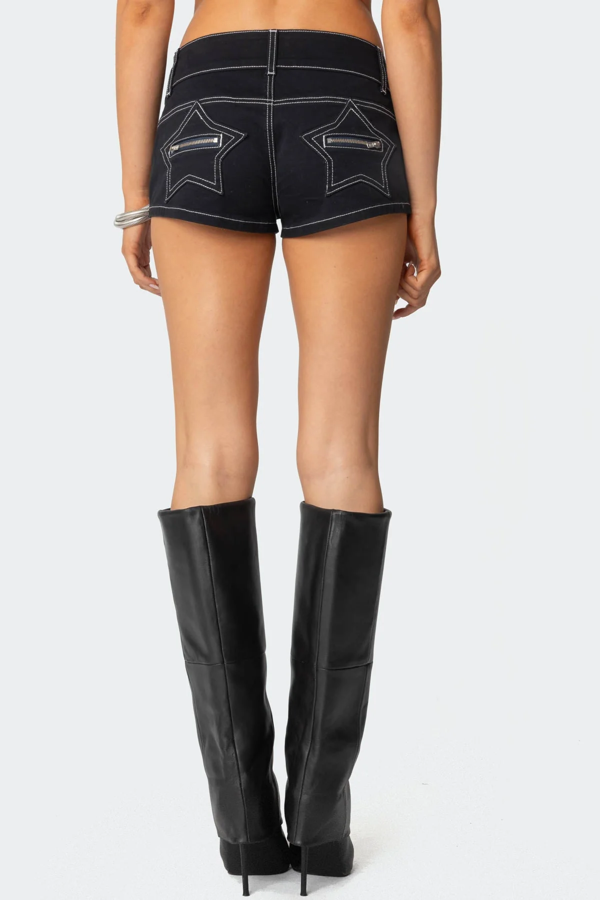 Black Modern Graphic Micro Shorts Womens Low Rise Style