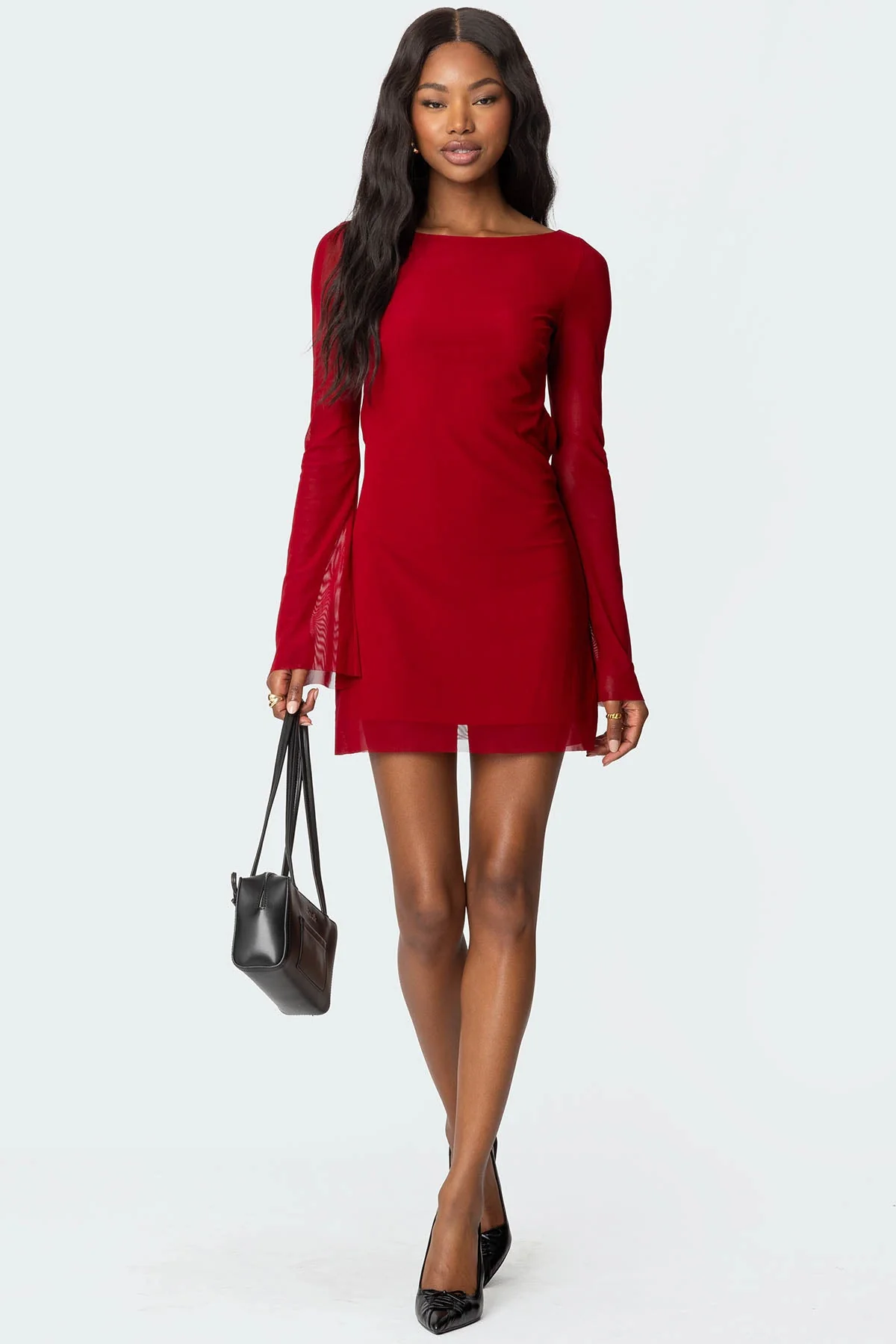 Red Backless Mini Dress with Long Bell Sleeves