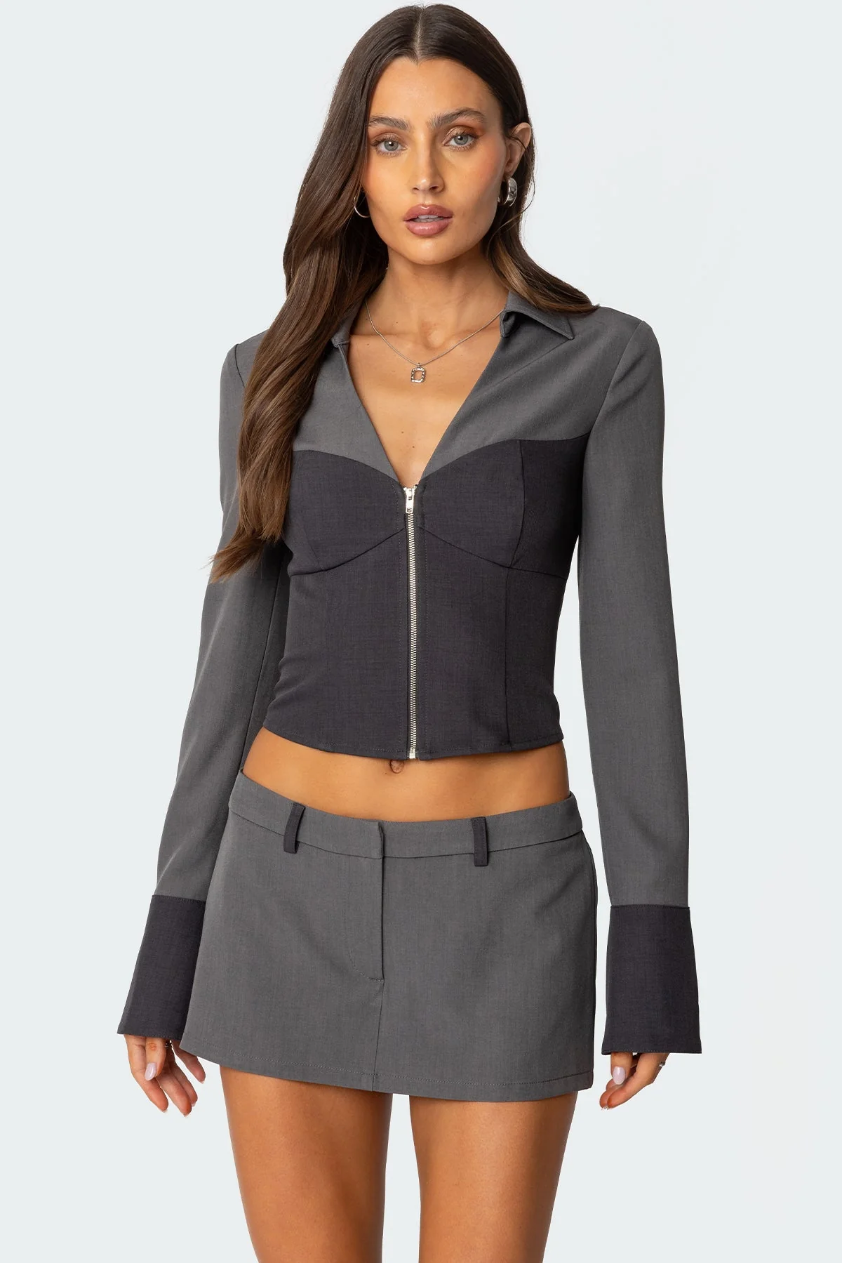 Gray Zip-Up Top with V-Neckline & Corset Design