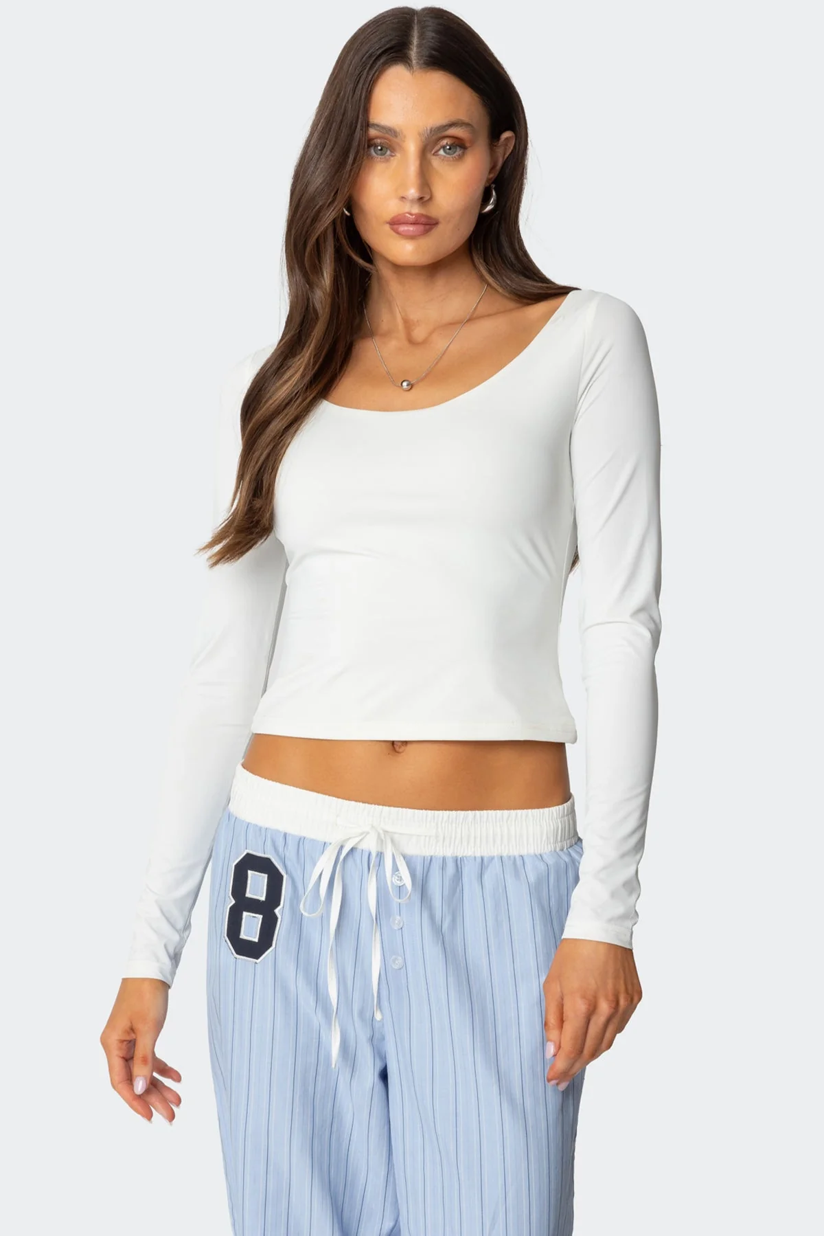 White Scoop Neck Long Sleeve Top for Women