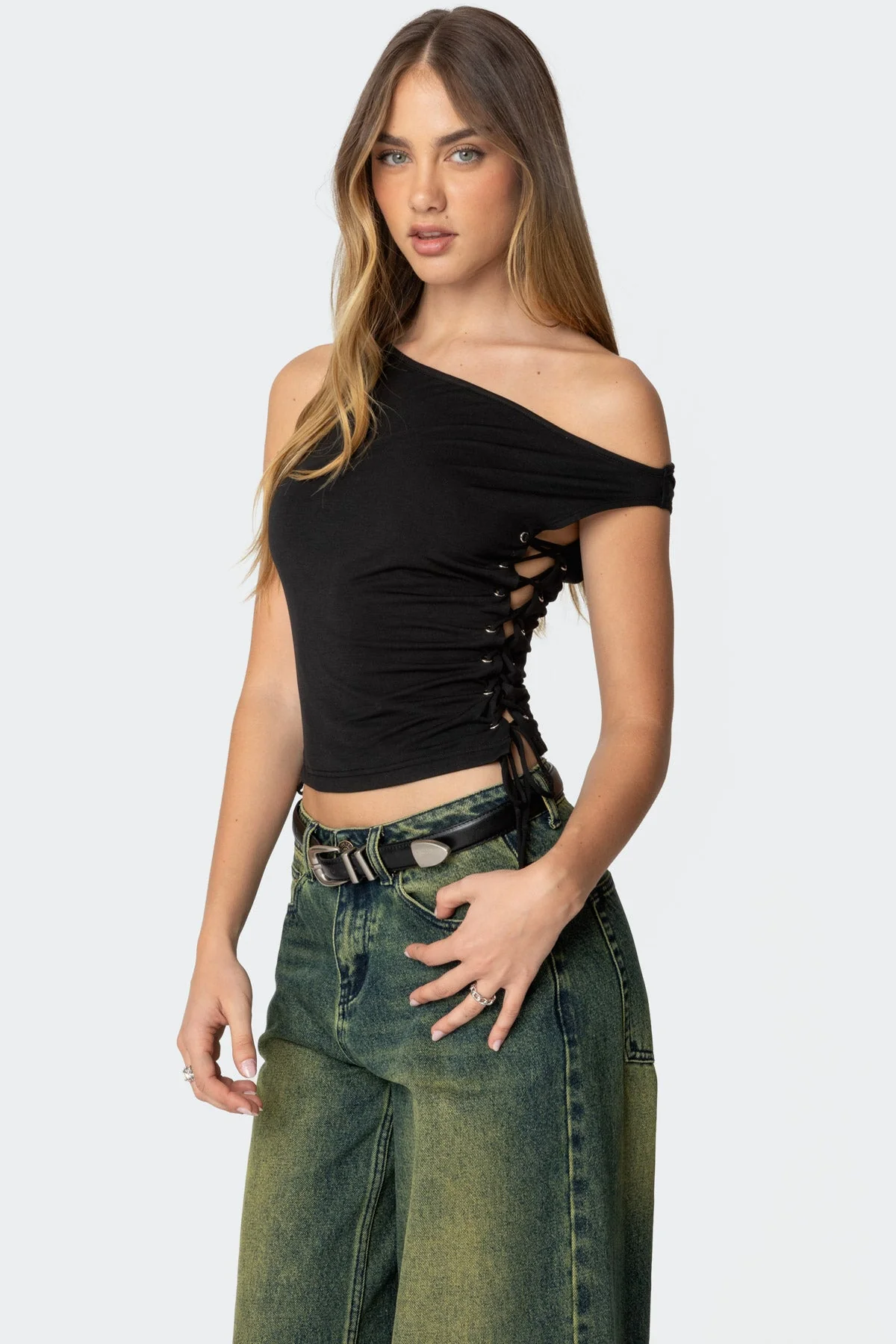 Angi Black Asymmetric Off Shoulder Top