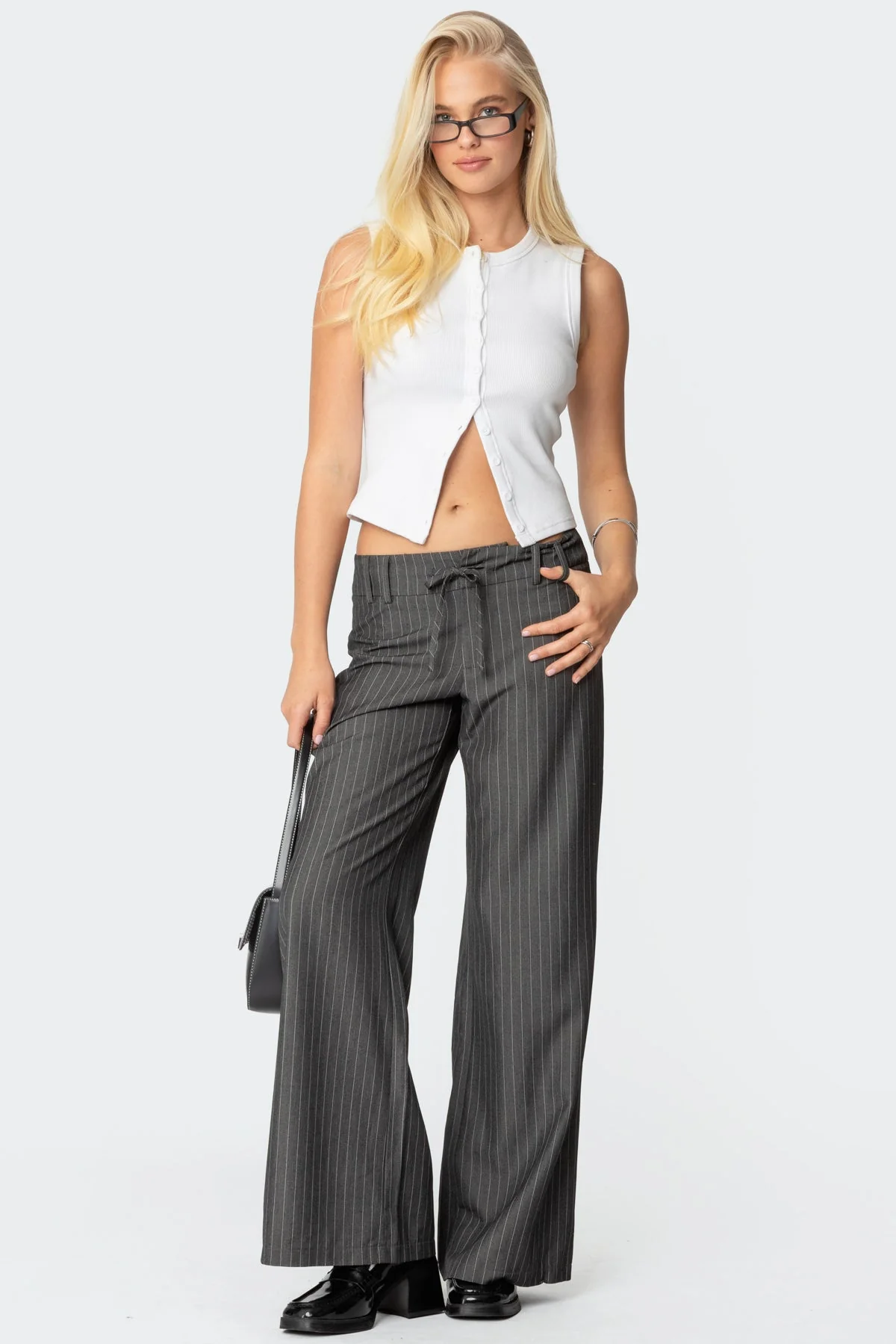 Gray Pinstripe Wide Leg Pants with Drawstring Belt