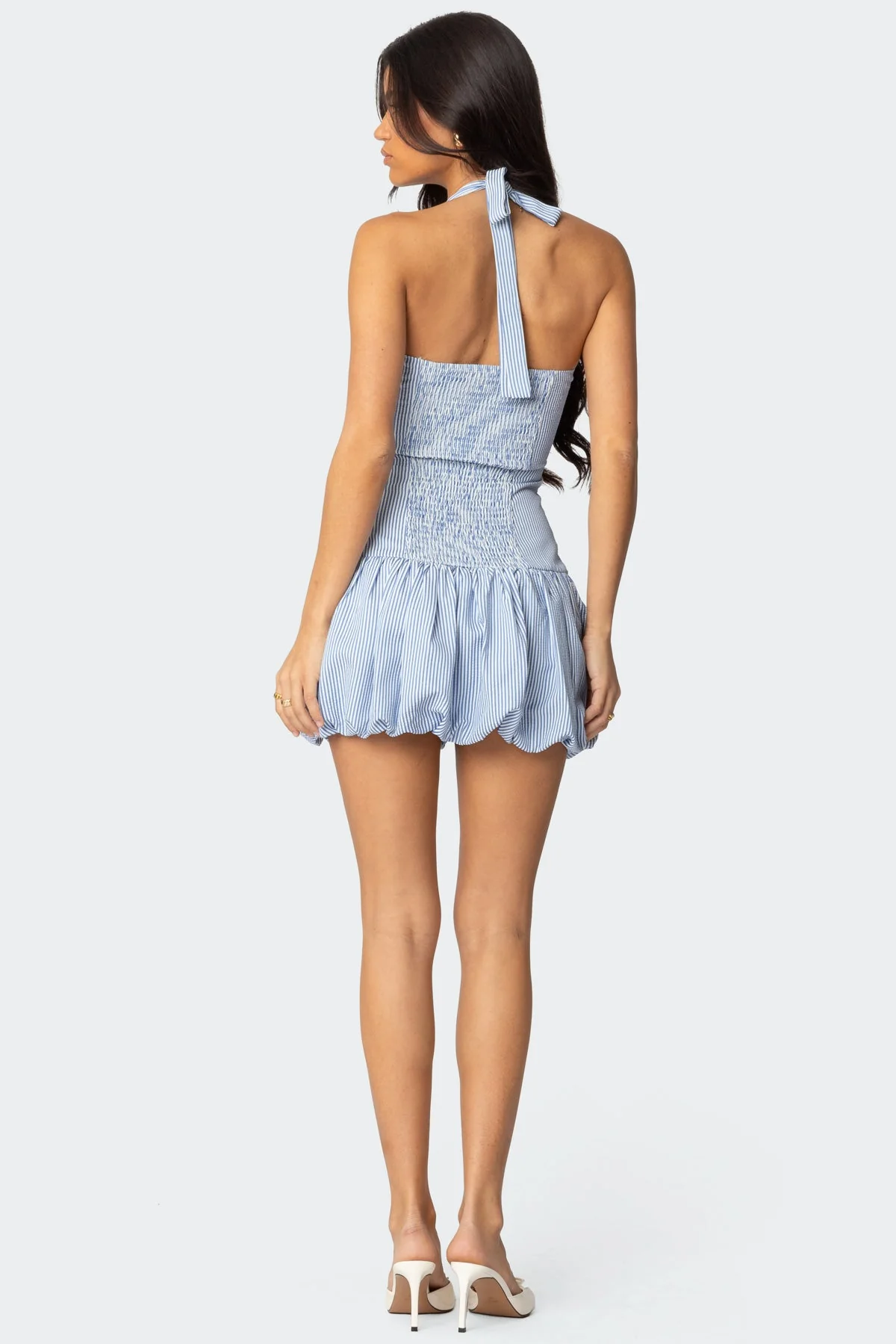 Blue and White Pinstripe Bubble Mini Dress