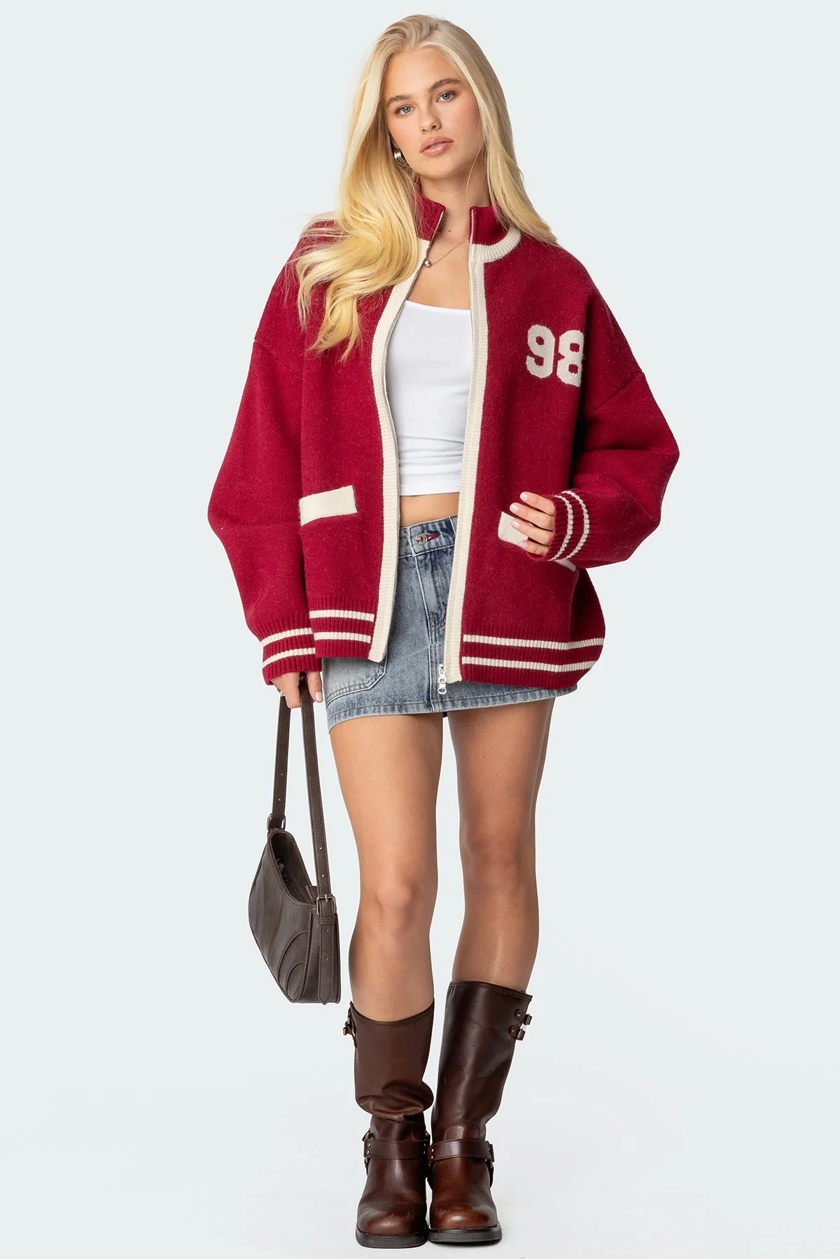 Burgundy Zip Up Graphic Sweater