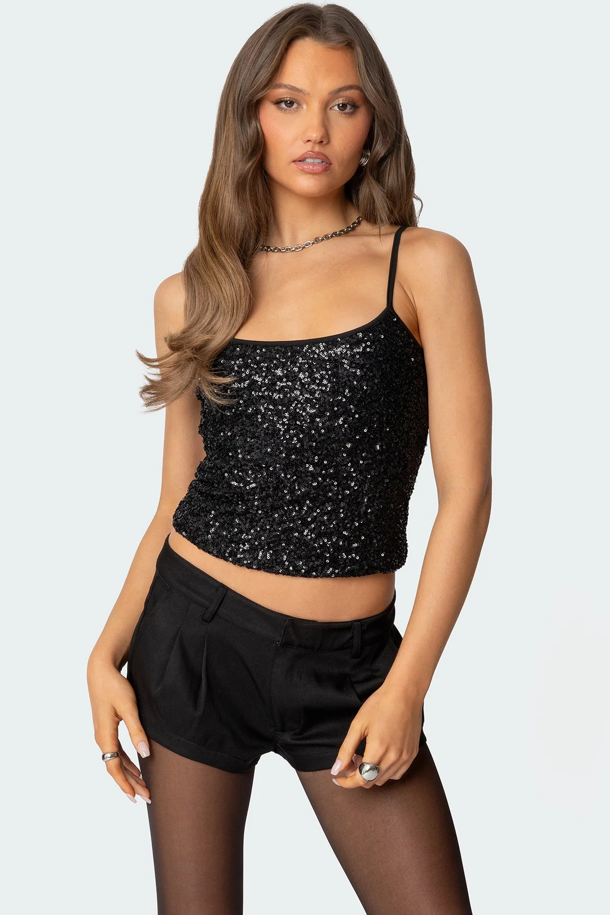 Sequin Sleeveless Tank Top Black Shimmer Evening Wear