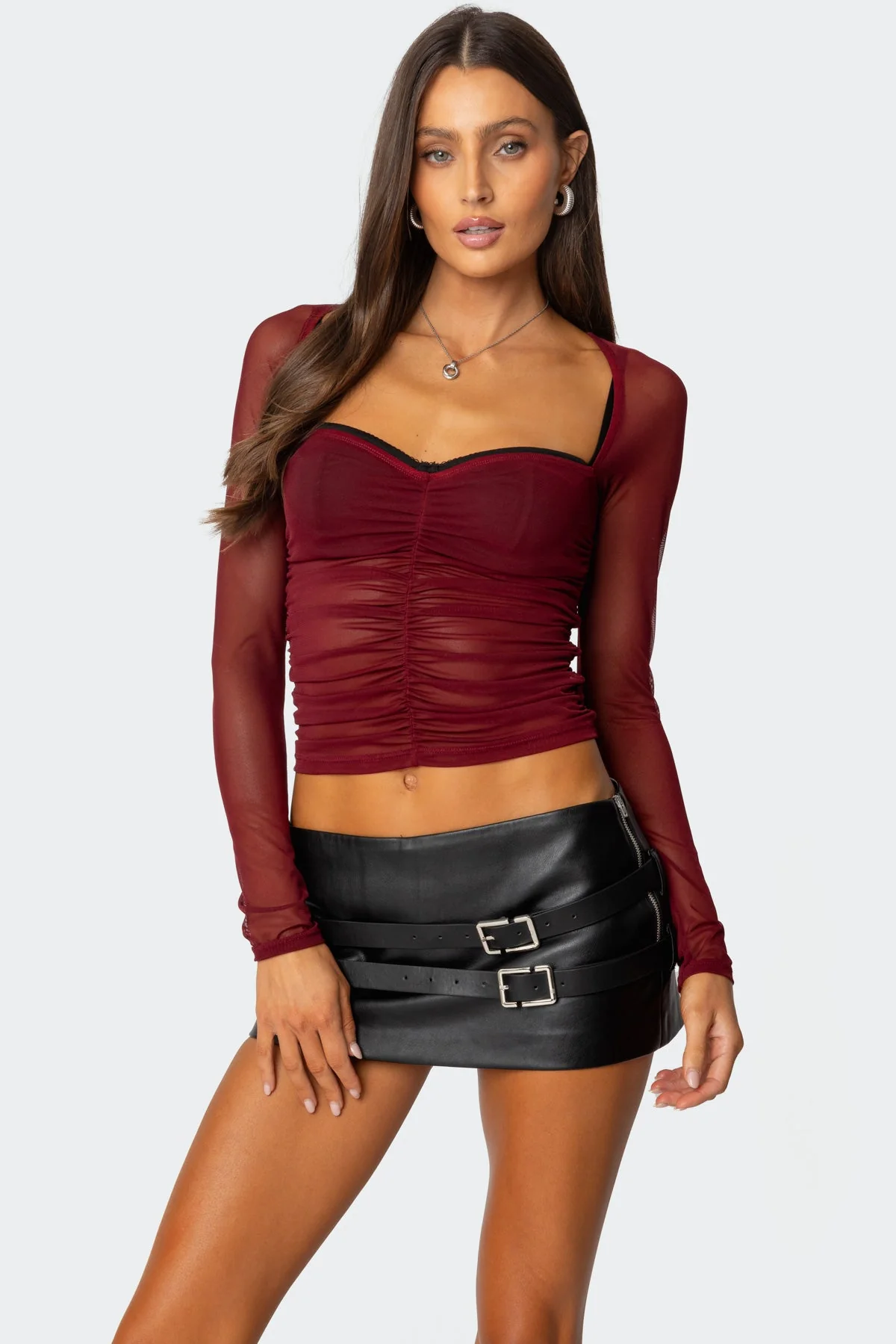 Burgundy Ruched Mesh Bra Top - Adjustable Straps, Long Sleeves