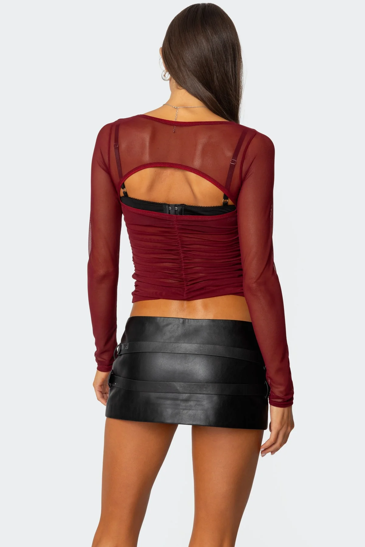 Burgundy Ruched Mesh Bra Top - Adjustable Straps, Long Sleeves