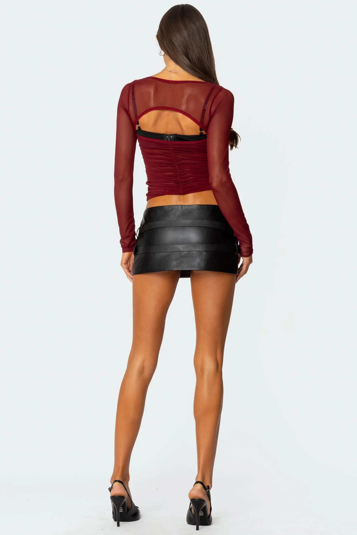 Burgundy Ruched Mesh Bra Top - Adjustable Straps, Long Sleeves