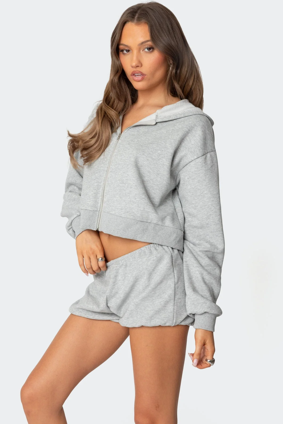 Gray Melange Zip Up Hoodie Set