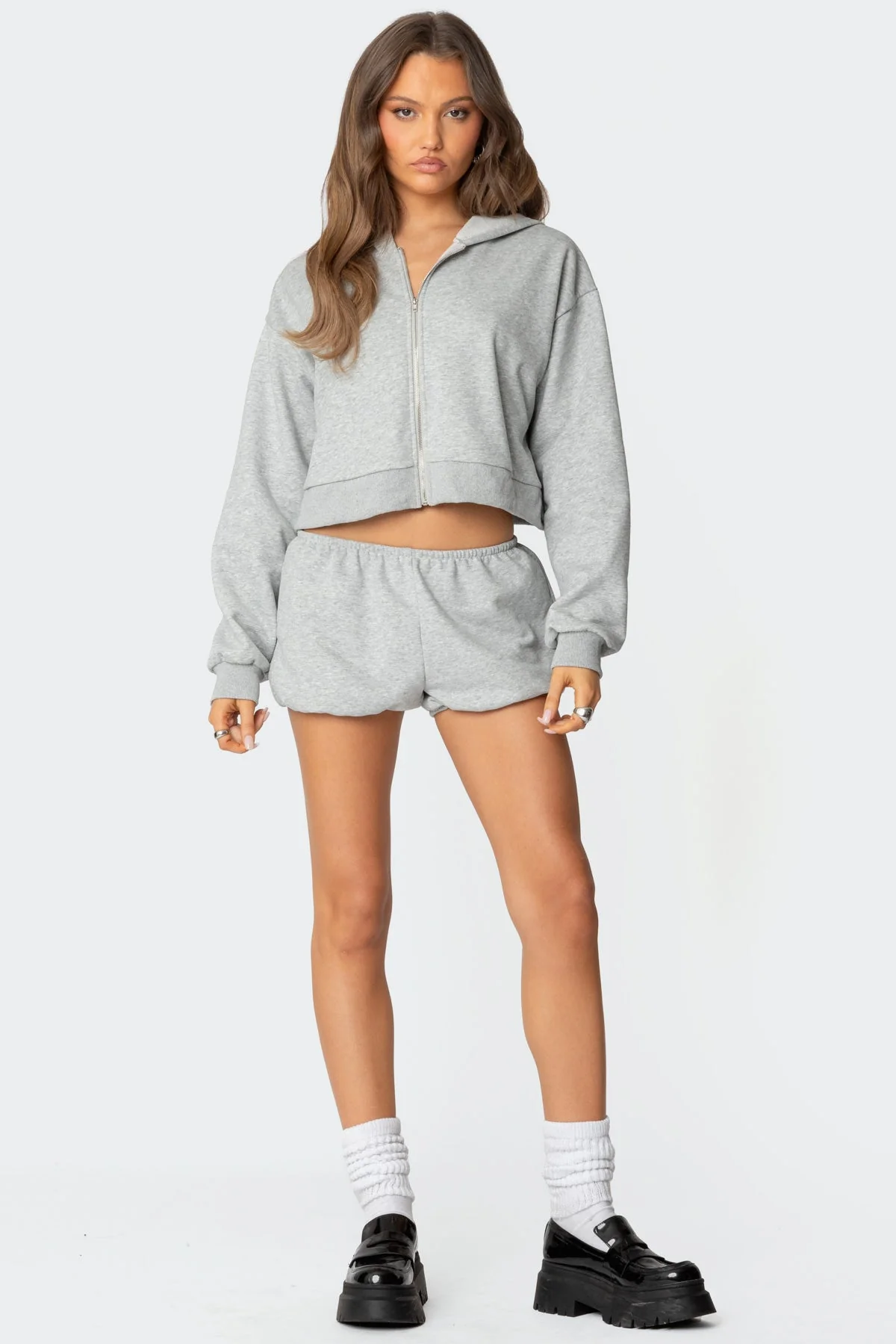 Gray Melange Zip Up Hoodie Set