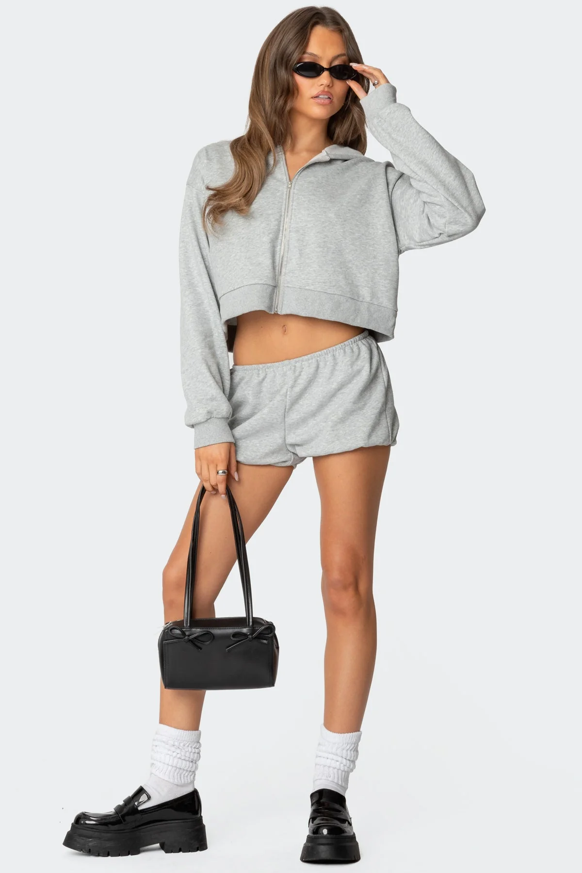 Gray Melange Zip Up Hoodie Set