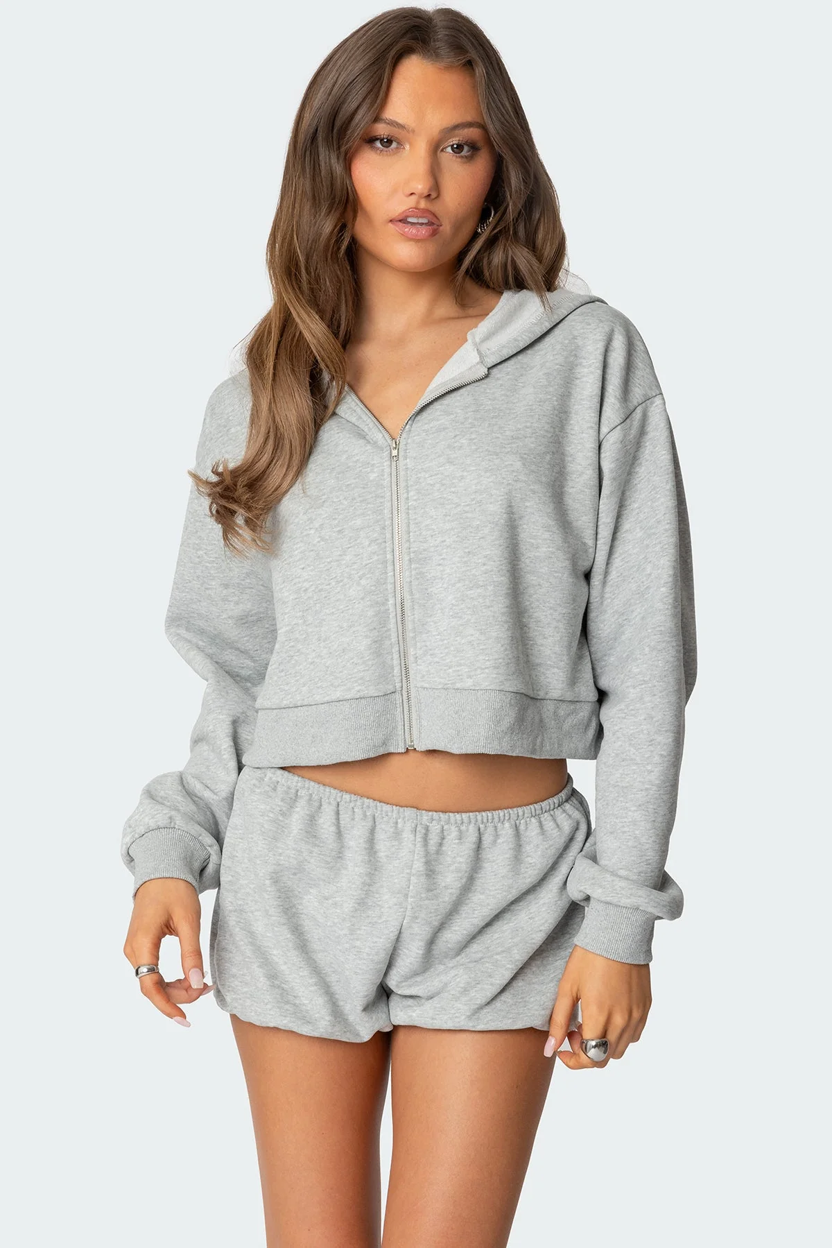 Gray Melange Zip Up Hoodie Set