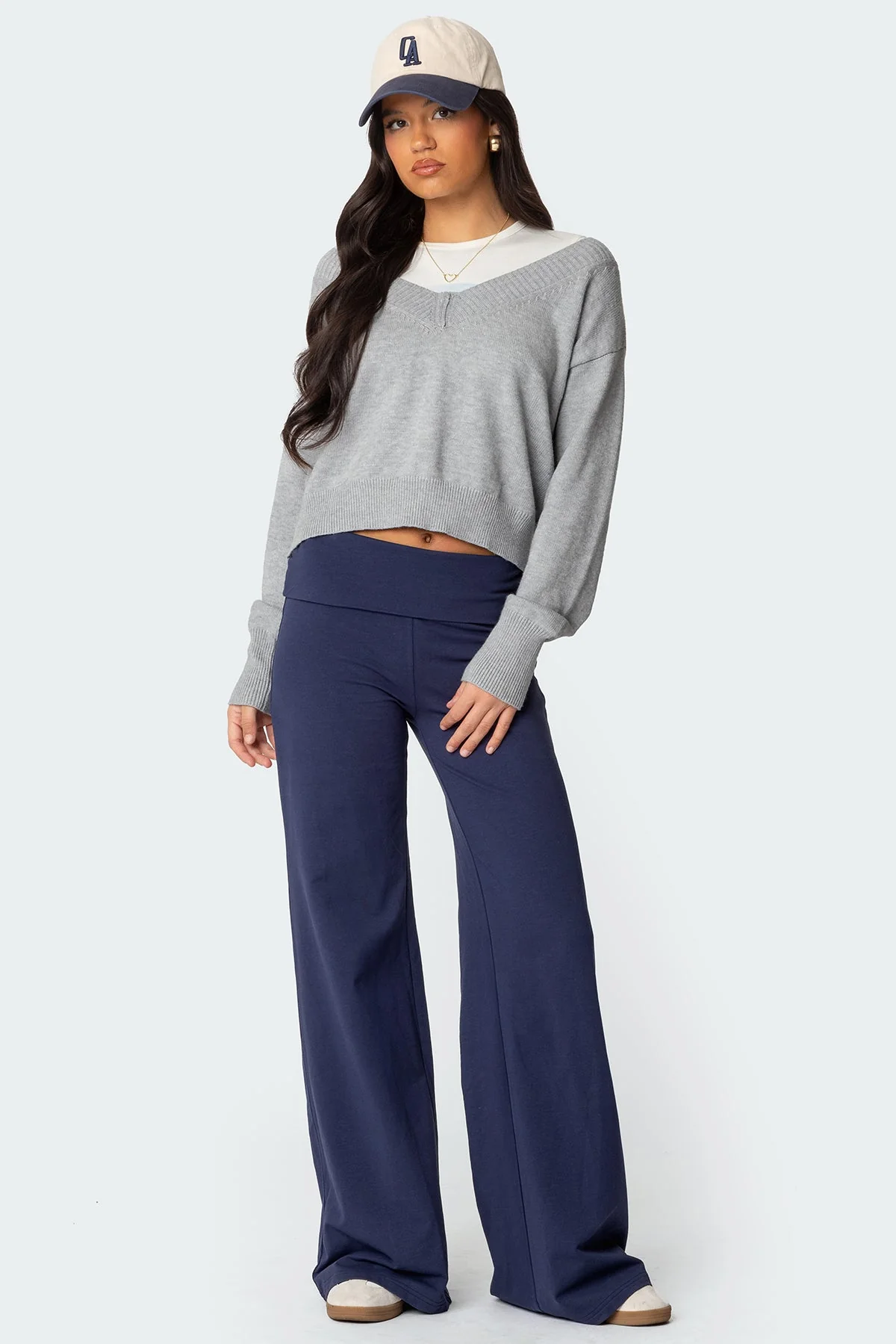 Navy Wide Leg Pants with Fold Over Waistband