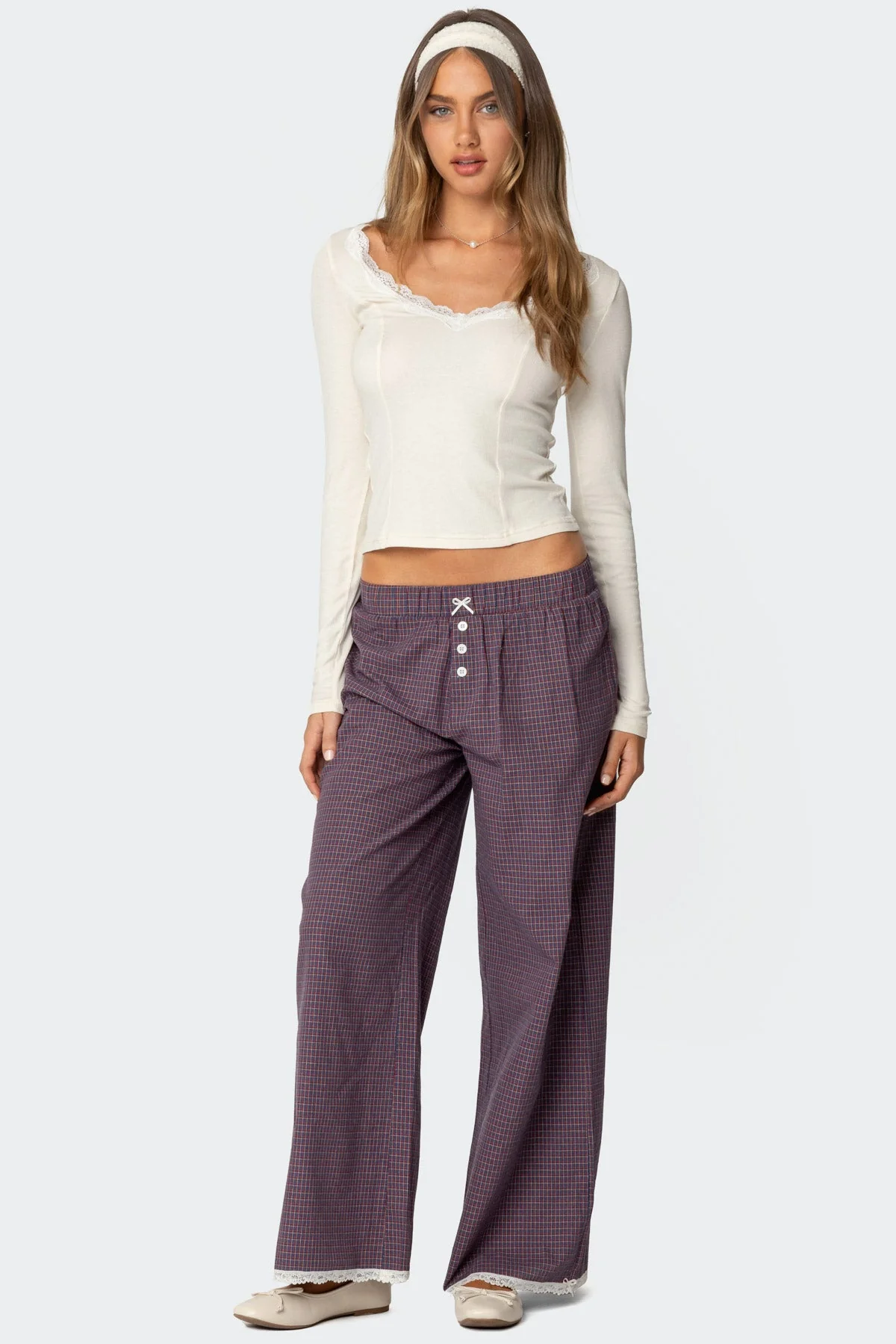 Purple Plaid Lounge Pants Elastic Waistband Lace Trim Center Bow Detail