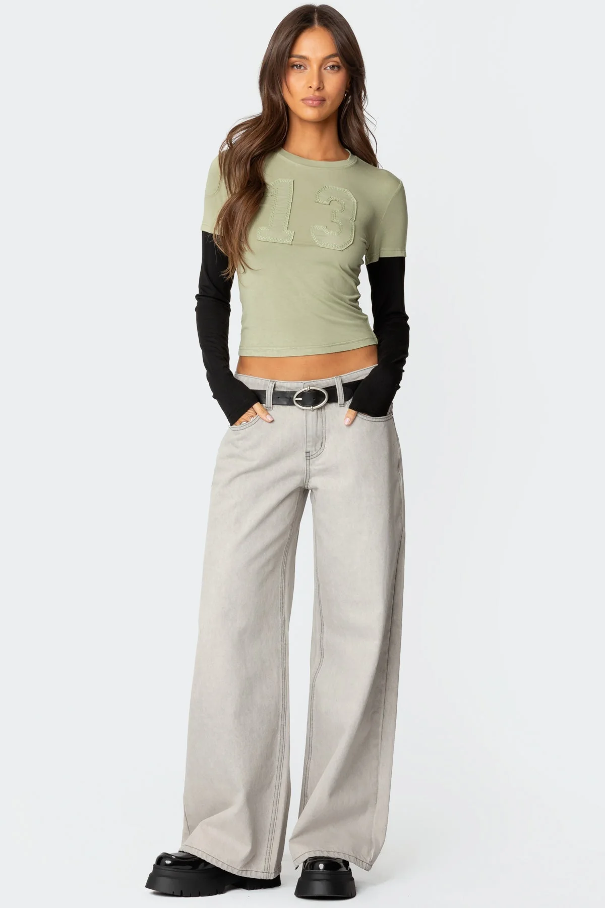 Gray Low Rise Wide Leg Denim Jeans