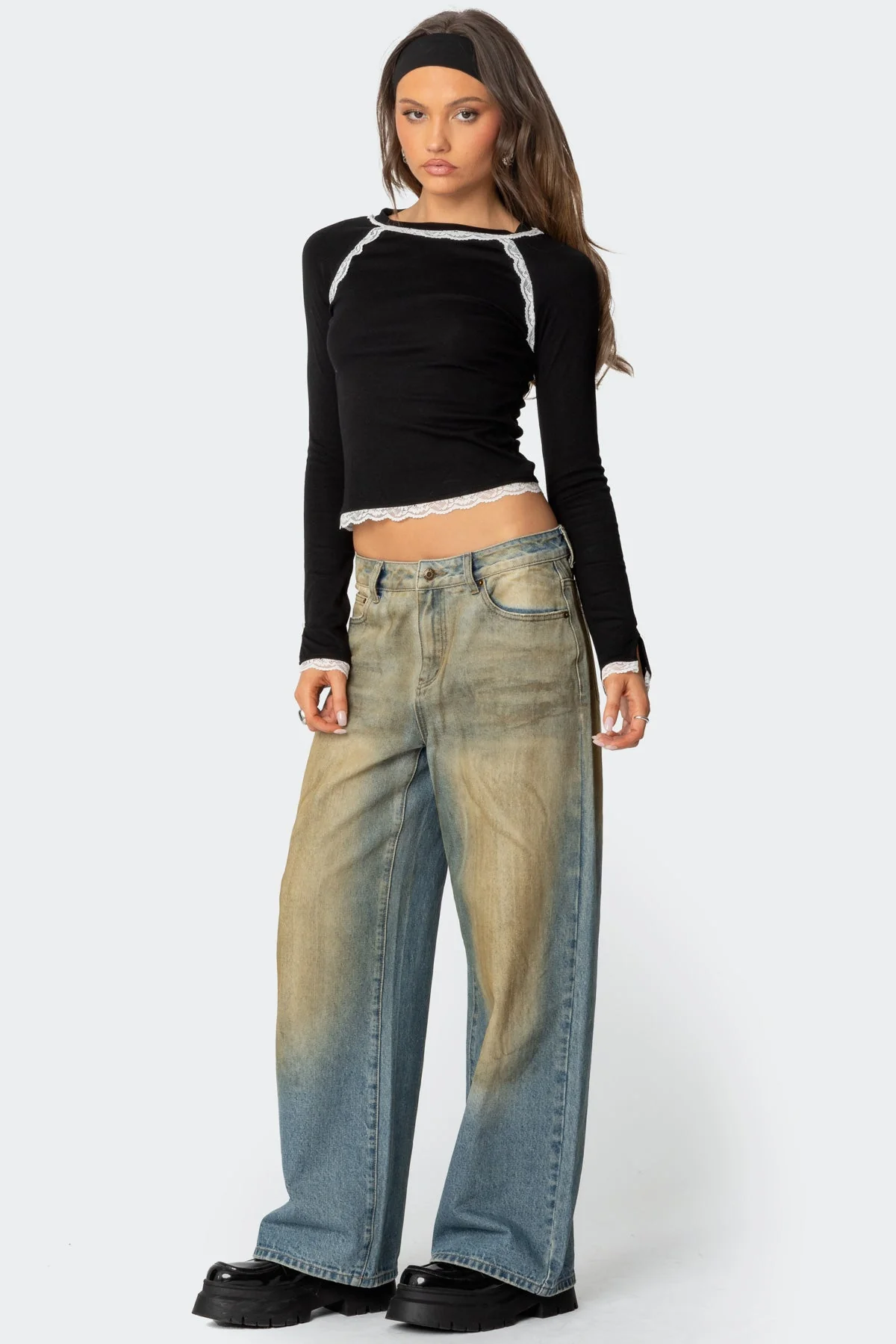 Ribbed Cotton Top with Lace Trim Detailing