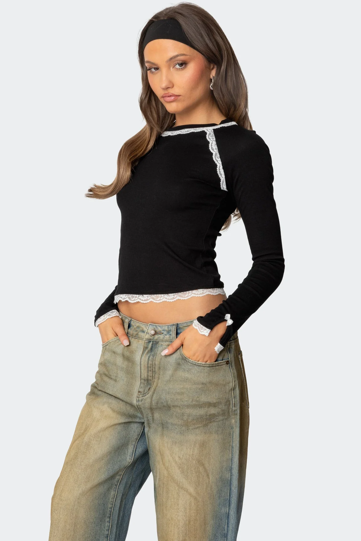Ribbed Cotton Top with Lace Trim Detailing