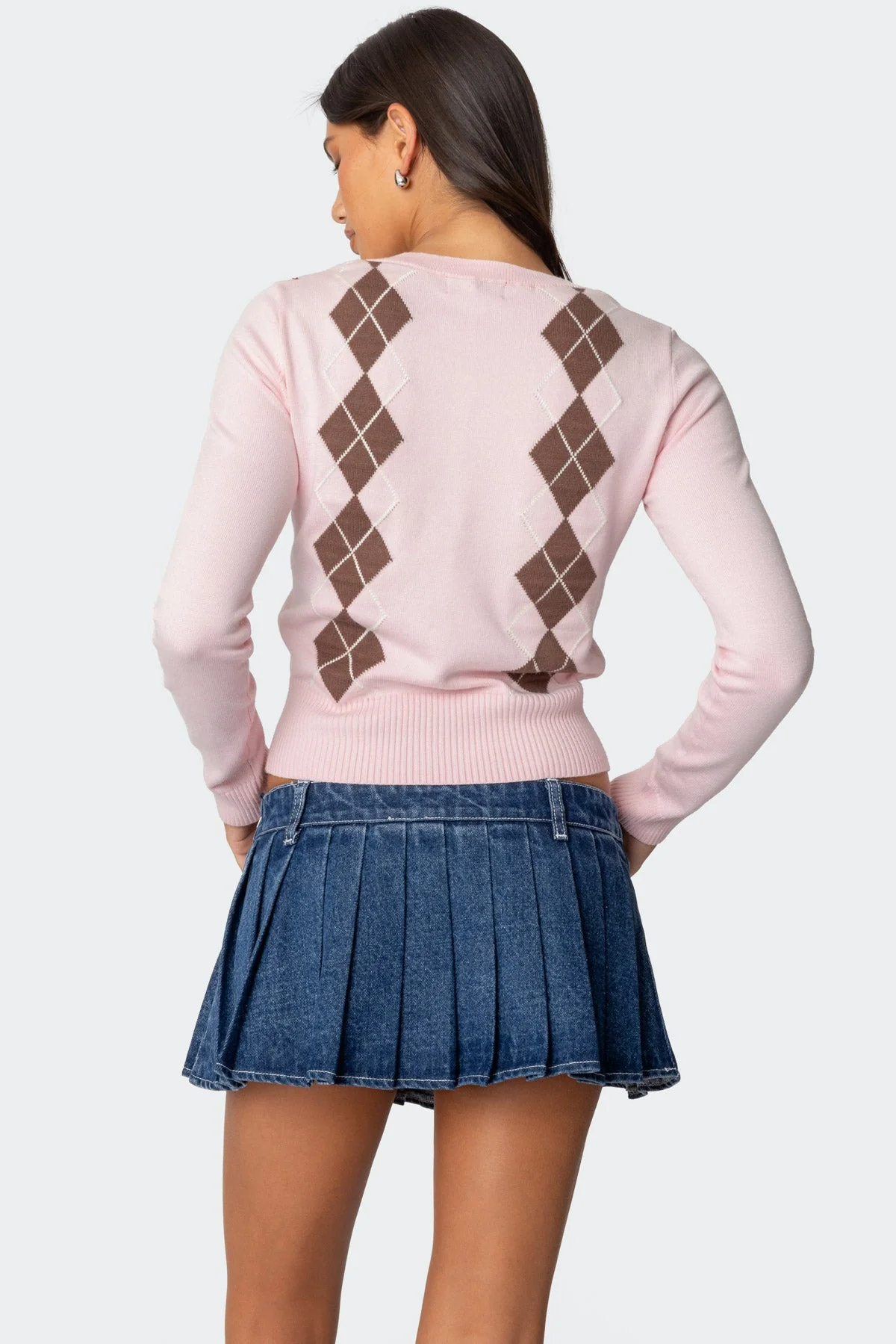 Light Pink Argyle V Neck Knit Sweater