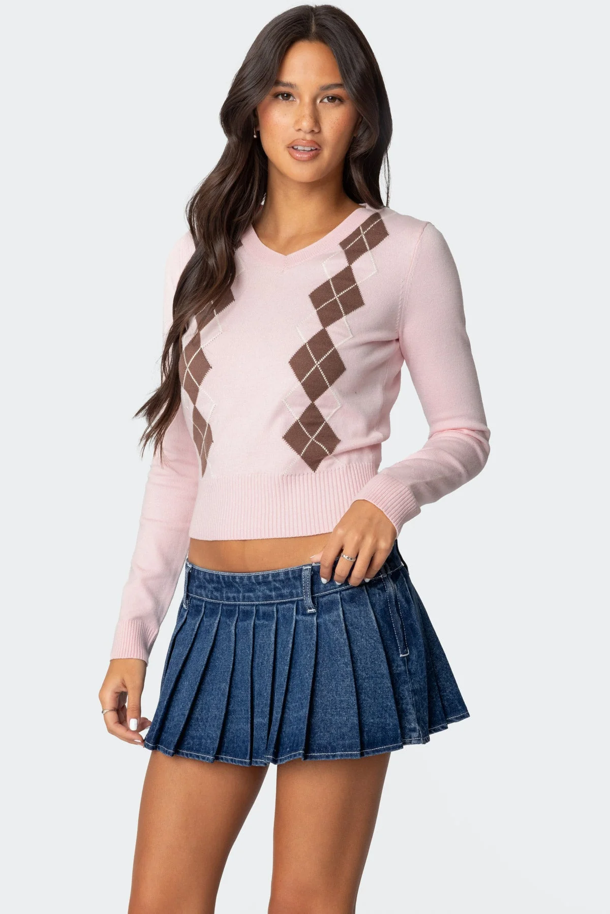 Light Pink Argyle V Neck Knit Sweater