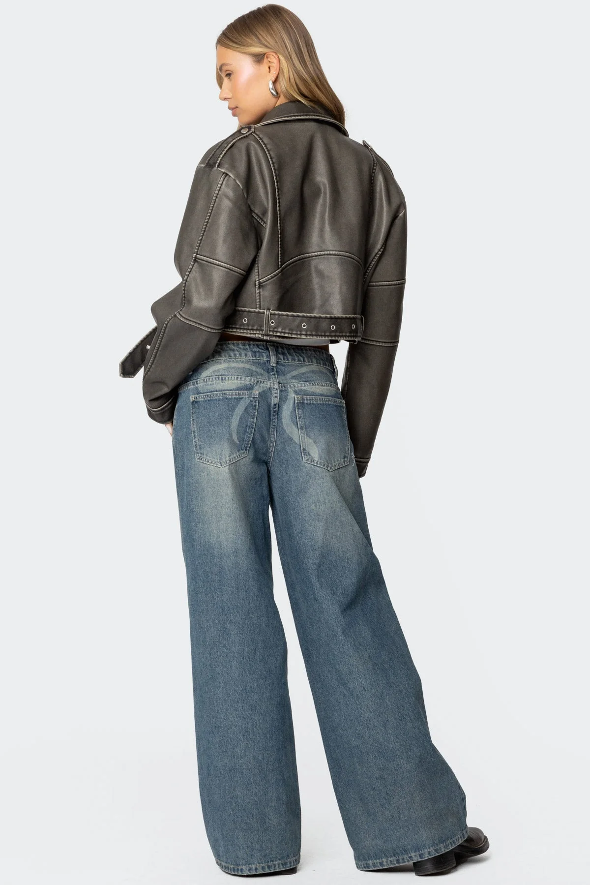 Gray Cropped Faux Leather Jacket with Collared Design