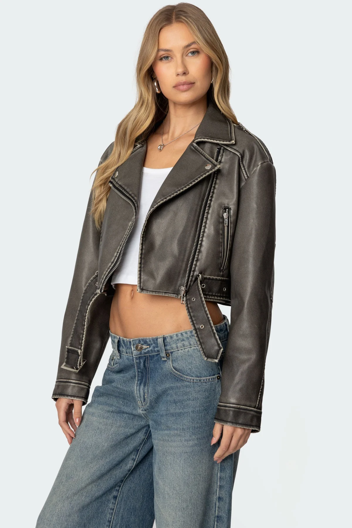 Gray Cropped Faux Leather Jacket with Collared Design