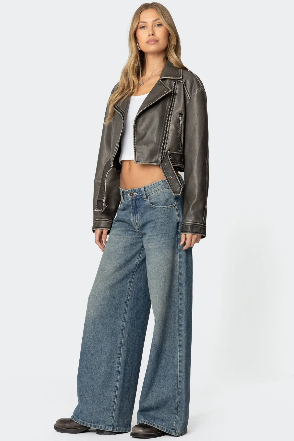 Gray Cropped Faux Leather Jacket with Collared Design