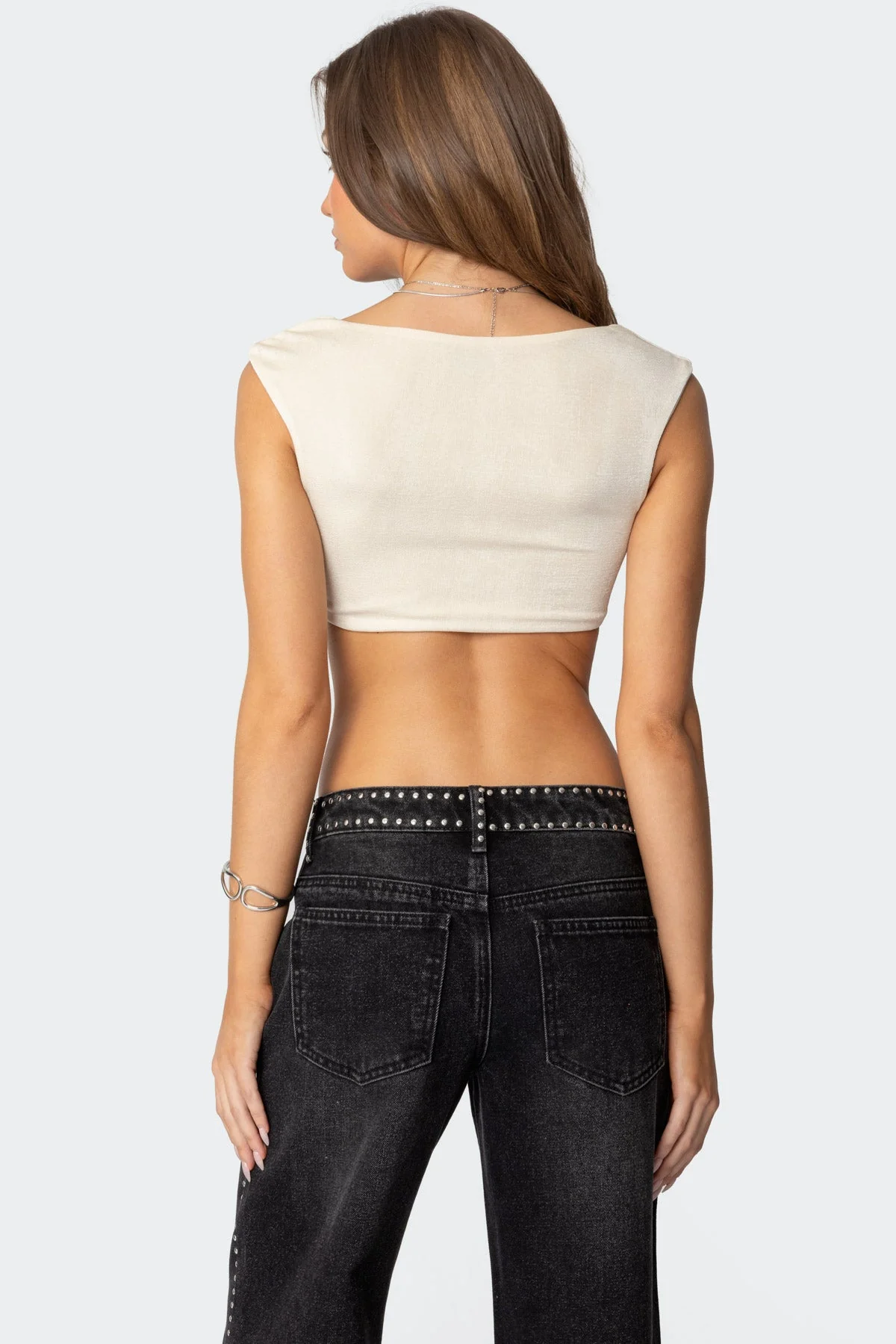 Cream Ruched Crop Top Sleeveless Elegant Style