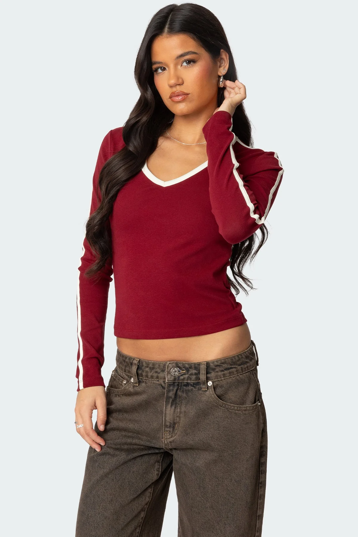 Burgundy V-Neck Long Sleeve Shirt - Cotton Spandex Blend