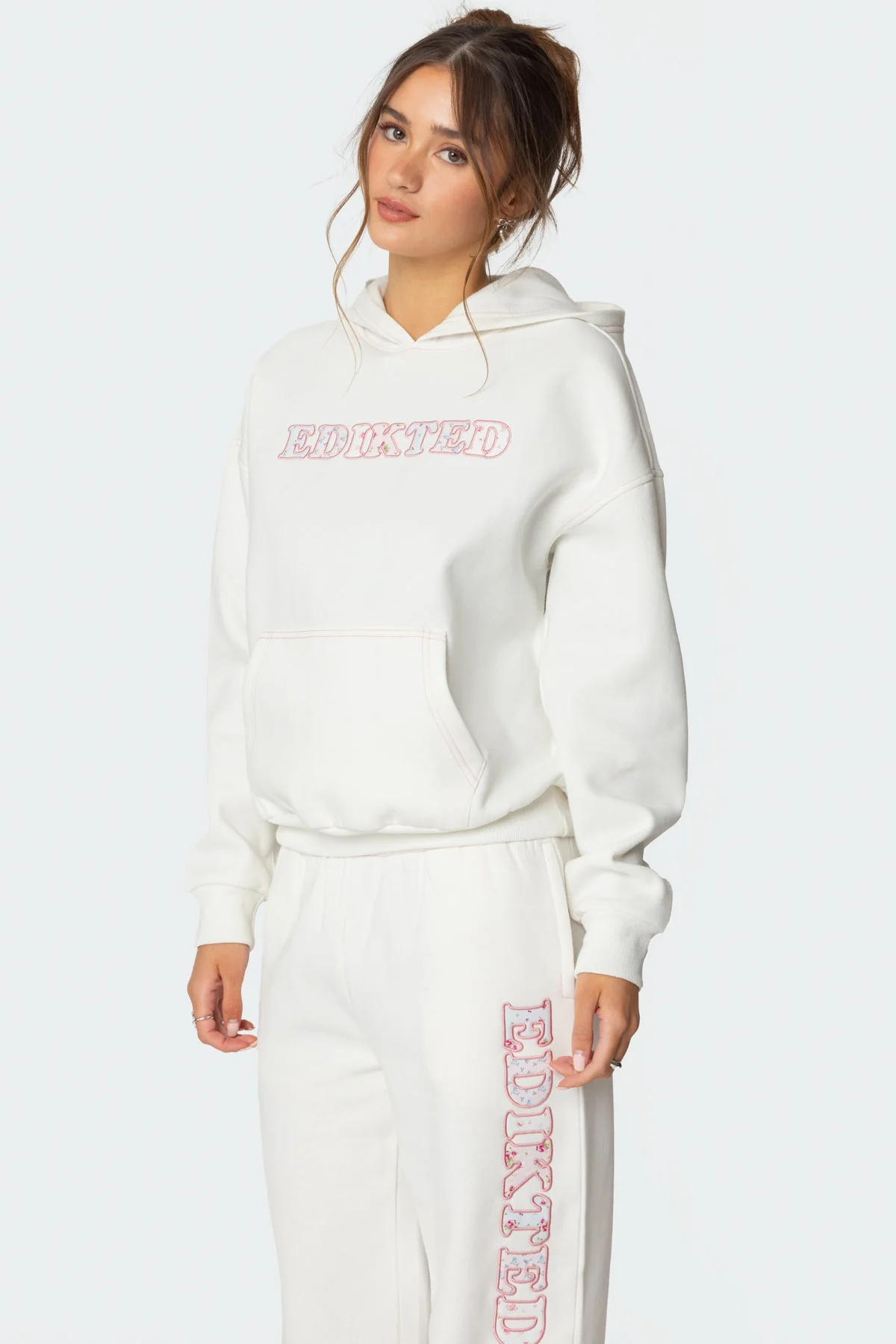 White Graphic Embroidered Hoodie for Women