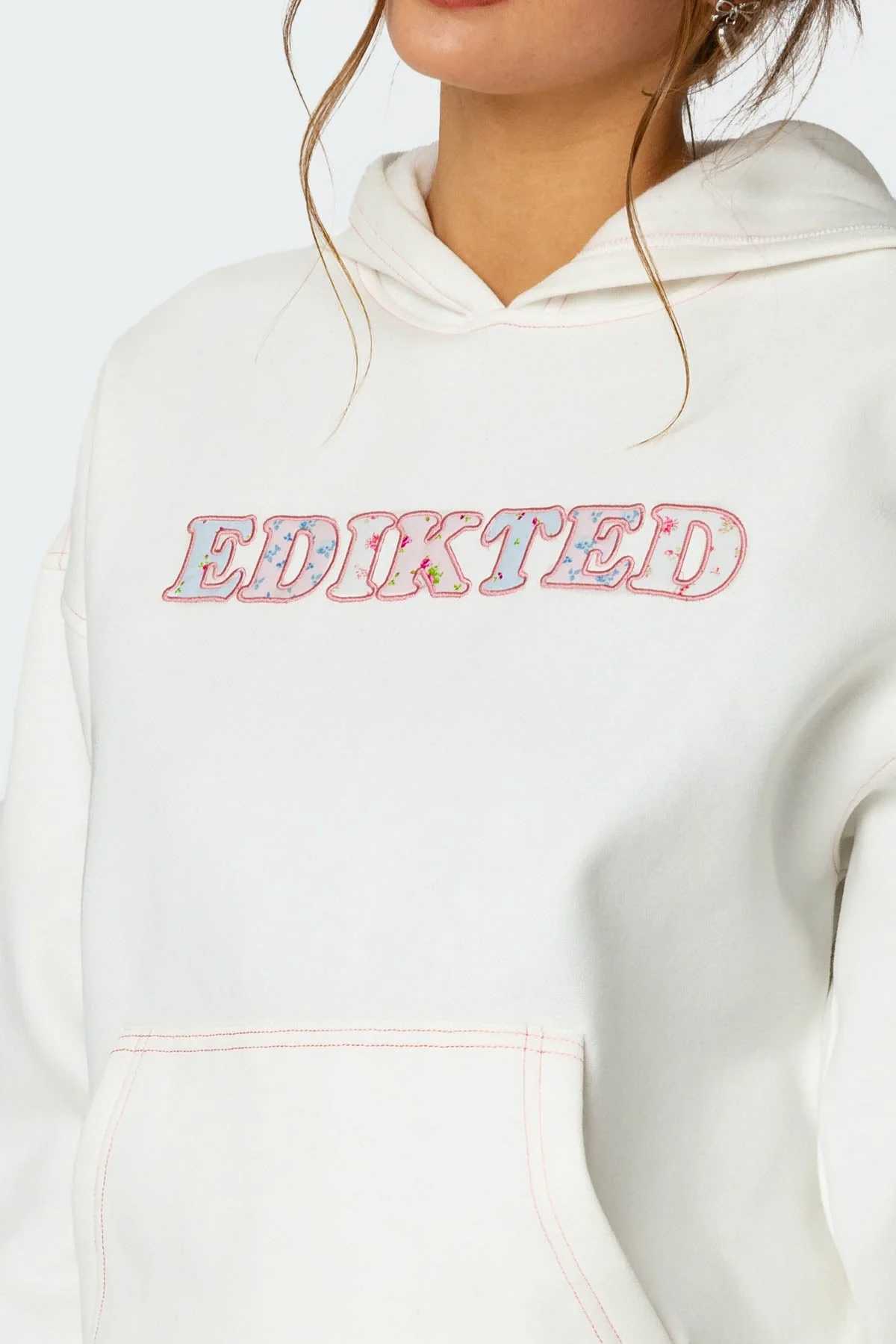 White Graphic Embroidered Hoodie for Women