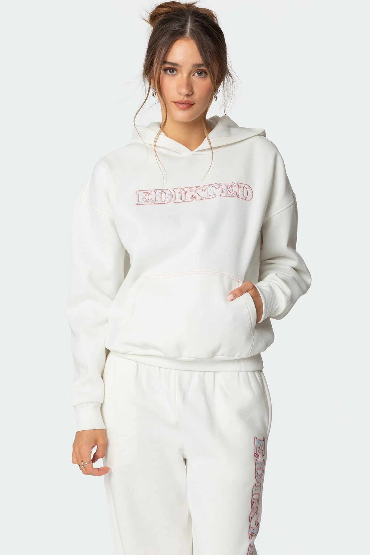 White Graphic Embroidered Hoodie for Women