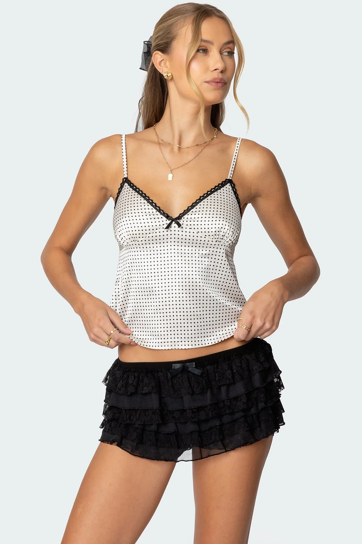 Satin Effect Lace Trim Tank Top in Cream