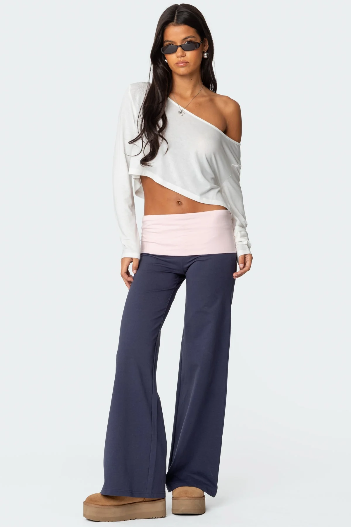 Navy Wide Leg Pants with Contrast Fold Waistband