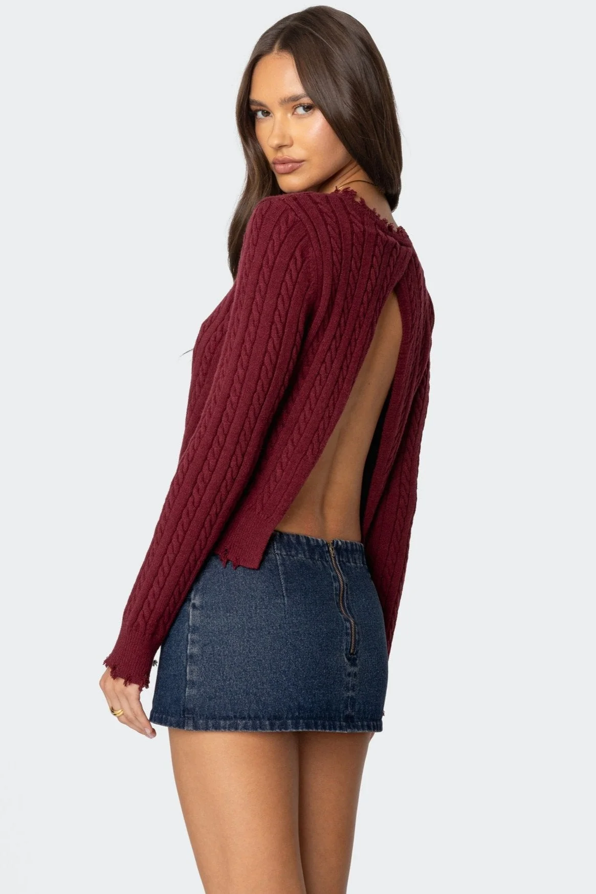 Burgundy Cable Knit Sweater with Open Back