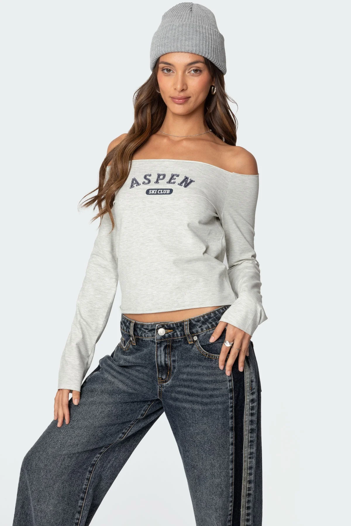 Graphic Text Aspen Off Shoulder Long Sleeve Top