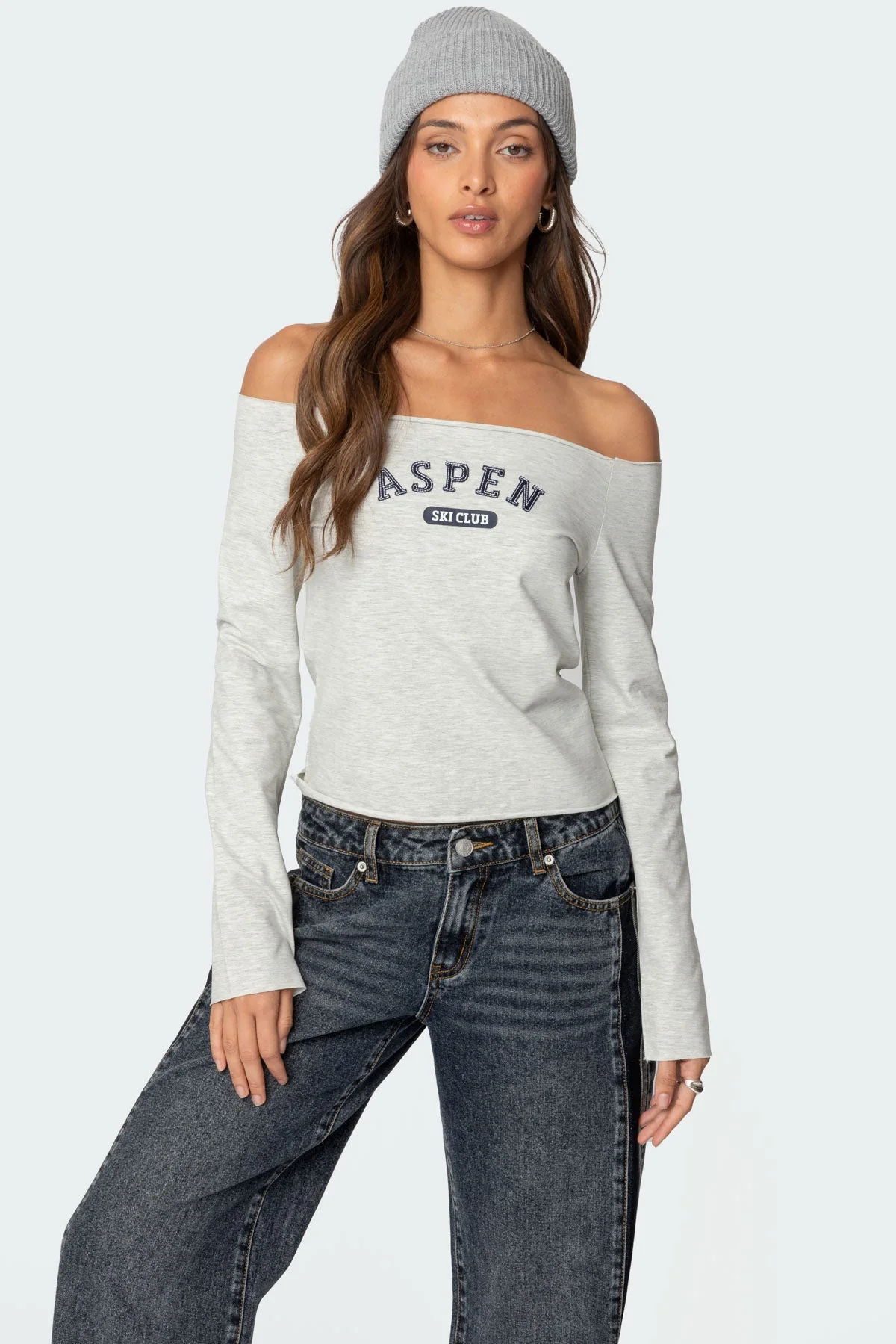 Graphic Text Aspen Off Shoulder Long Sleeve Top