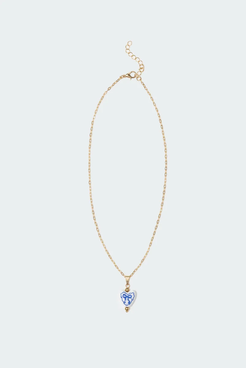 Heart Pendant Bow Detail Necklace in Gold Tone